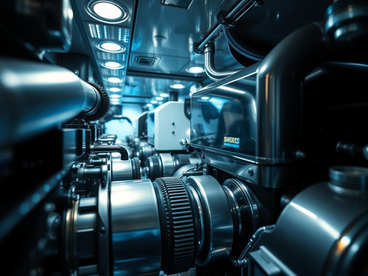 Polished marine diesel engine room aboard a luxury yacht